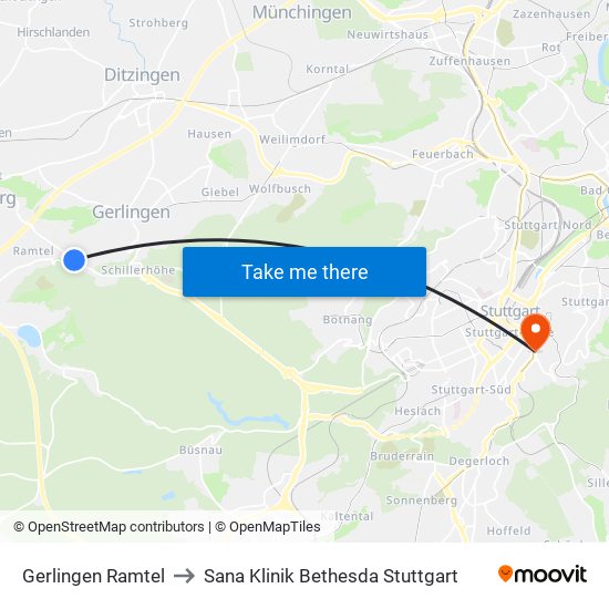 Gerlingen Ramtel to Sana Klinik Bethesda Stuttgart map