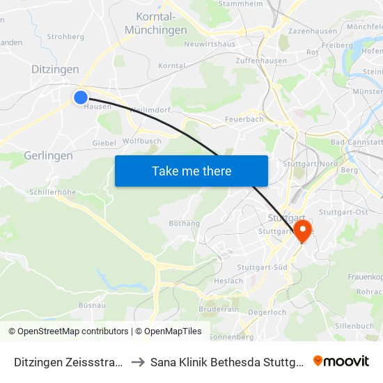 Ditzingen Zeissstraße to Sana Klinik Bethesda Stuttgart map