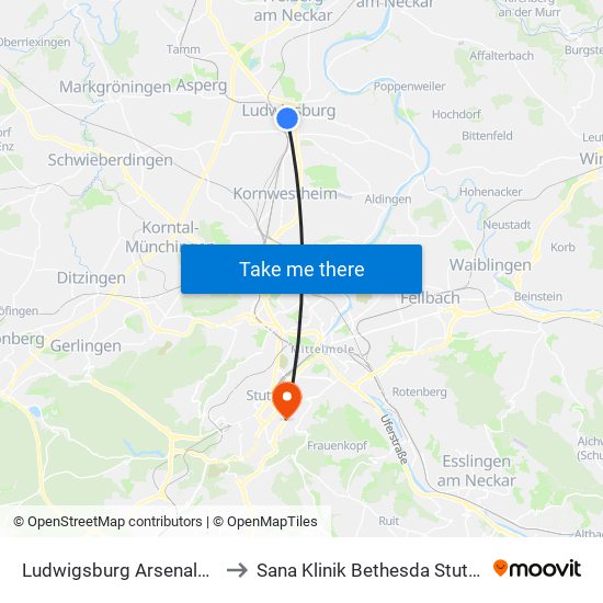 Ludwigsburg Arsenalplatz to Sana Klinik Bethesda Stuttgart map