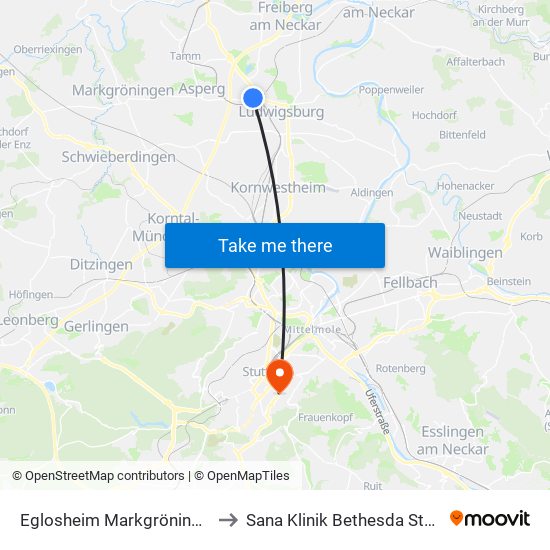 Eglosheim Markgröninger Str. to Sana Klinik Bethesda Stuttgart map