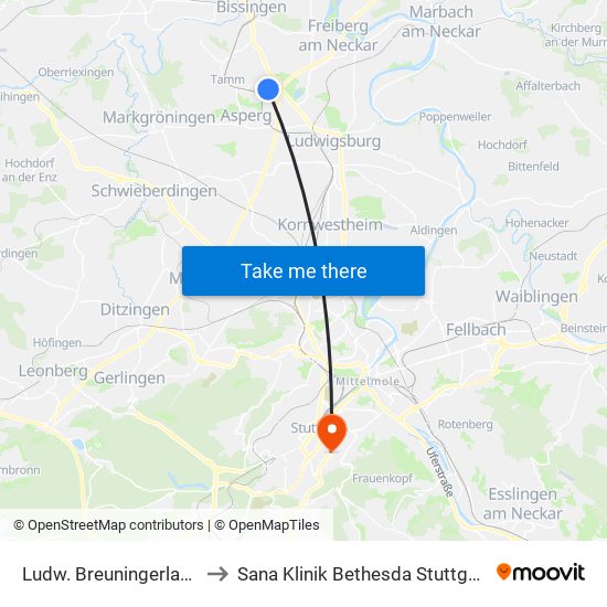 Ludw. Breuningerland to Sana Klinik Bethesda Stuttgart map