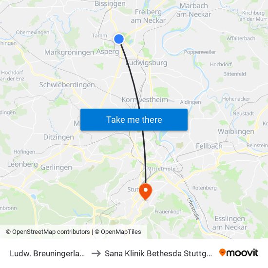Ludw. Breuningerland to Sana Klinik Bethesda Stuttgart map