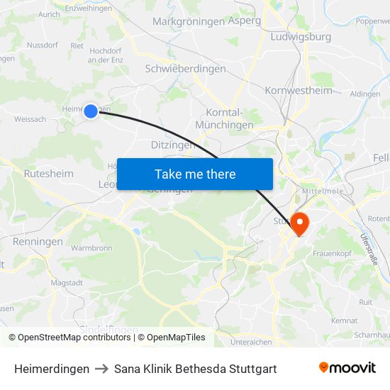 Heimerdingen to Sana Klinik Bethesda Stuttgart map