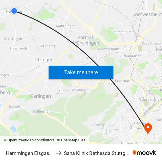 Hemmingen Eisgasse to Sana Klinik Bethesda Stuttgart map