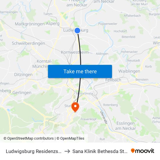 Ludwigsburg Residenzschloss to Sana Klinik Bethesda Stuttgart map