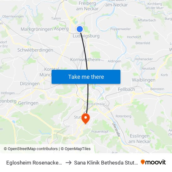 Eglosheim Rosenackerweg to Sana Klinik Bethesda Stuttgart map