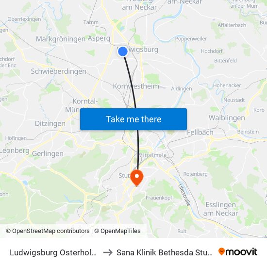 Ludwigsburg Osterholzallee to Sana Klinik Bethesda Stuttgart map