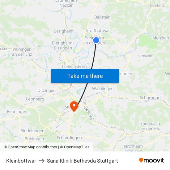 Kleinbottwar to Sana Klinik Bethesda Stuttgart map