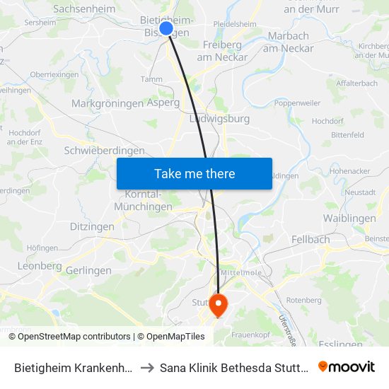 Bietigheim Krankenhaus to Sana Klinik Bethesda Stuttgart map