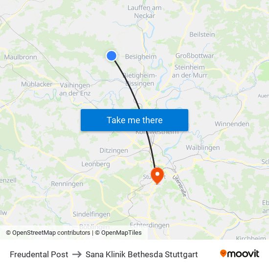 Freudental Post to Sana Klinik Bethesda Stuttgart map