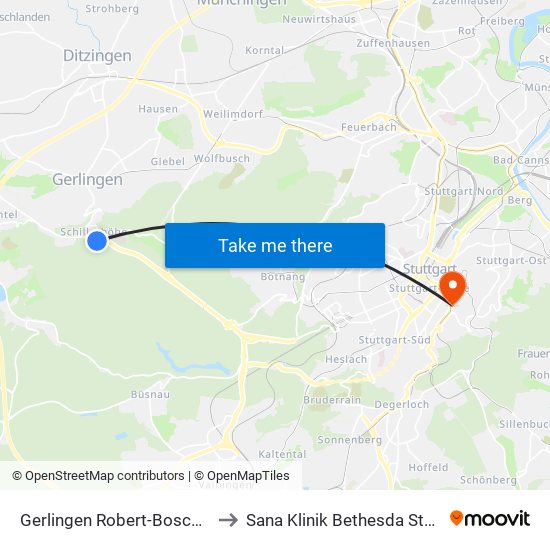 Gerlingen Robert-Bosch-Platz to Sana Klinik Bethesda Stuttgart map