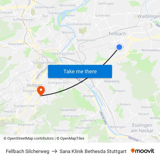 Fellbach Silcherweg to Sana Klinik Bethesda Stuttgart map