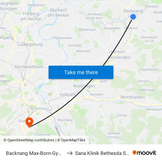 Backnang Max-Born-Gymnasium to Sana Klinik Bethesda Stuttgart map