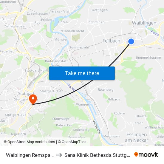 Waiblingen Remspark to Sana Klinik Bethesda Stuttgart map