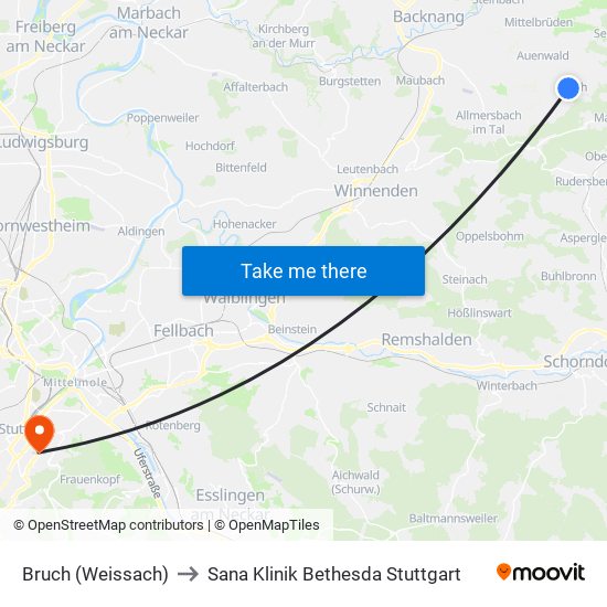 Bruch (Weissach) to Sana Klinik Bethesda Stuttgart map