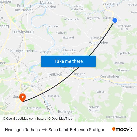 Heiningen Rathaus to Sana Klinik Bethesda Stuttgart map