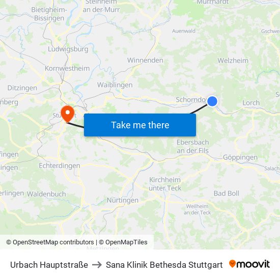 Urbach Hauptstraße to Sana Klinik Bethesda Stuttgart map