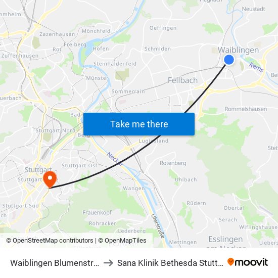 Waiblingen Blumenstraße to Sana Klinik Bethesda Stuttgart map