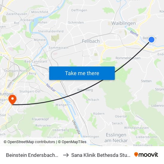 Beinstein Endersbacher Str. to Sana Klinik Bethesda Stuttgart map
