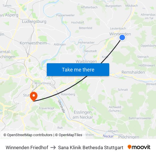 Winnenden Friedhof to Sana Klinik Bethesda Stuttgart map