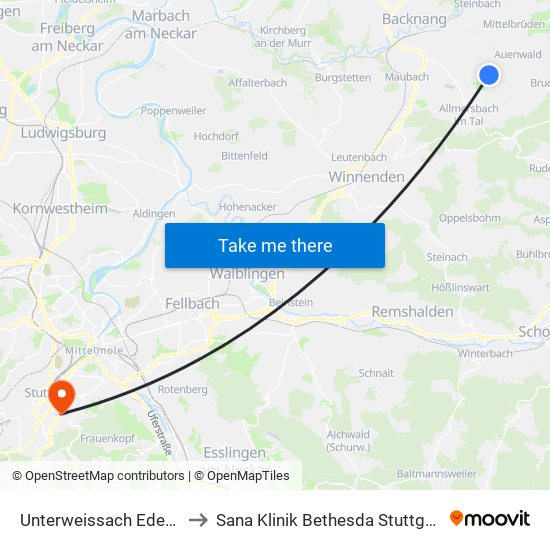 Unterweissach Edeka to Sana Klinik Bethesda Stuttgart map
