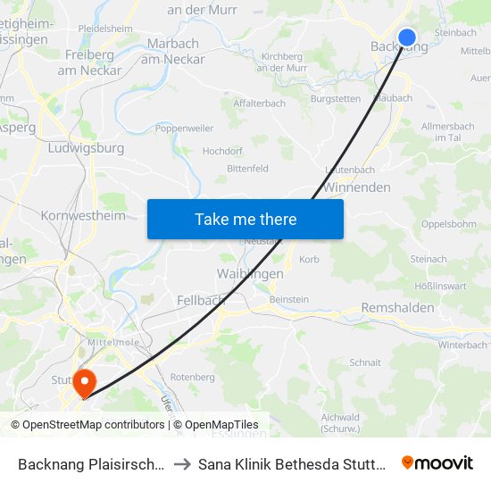 Backnang Plaisirschule to Sana Klinik Bethesda Stuttgart map