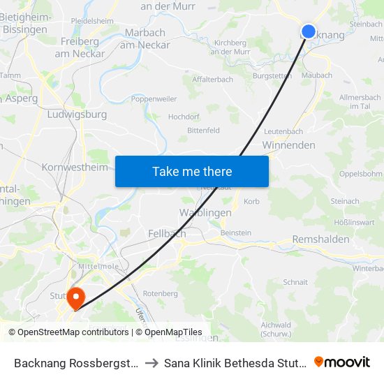 Backnang Rossbergstaffel to Sana Klinik Bethesda Stuttgart map