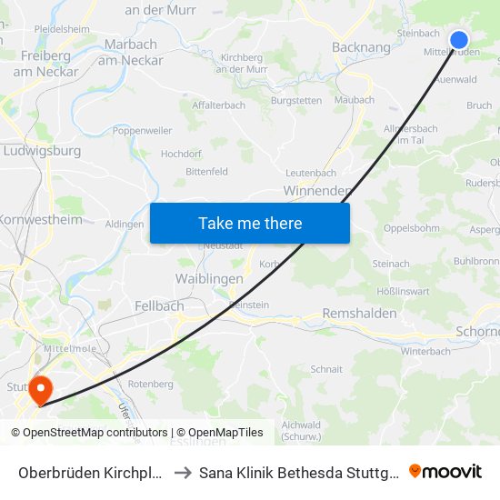 Oberbrüden Kirchplatz to Sana Klinik Bethesda Stuttgart map