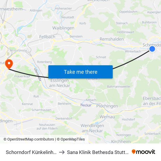 Schorndorf Künkelinhalle to Sana Klinik Bethesda Stuttgart map