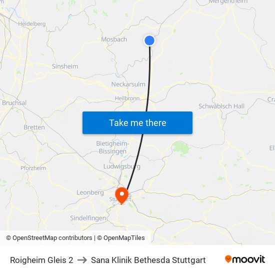 Roigheim Gleis 2 to Sana Klinik Bethesda Stuttgart map