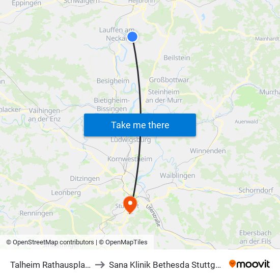 Talheim Rathausplatz to Sana Klinik Bethesda Stuttgart map