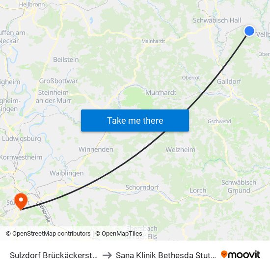 Sulzdorf Brückäckerstraße to Sana Klinik Bethesda Stuttgart map