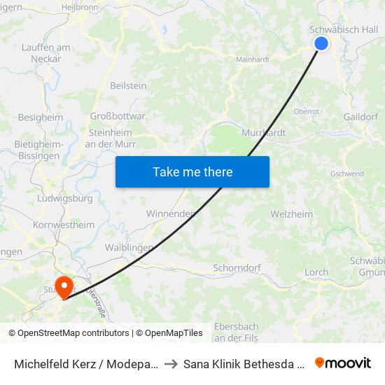Michelfeld Kerz / Modepark Röther to Sana Klinik Bethesda Stuttgart map