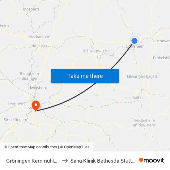 Gröningen Kernmühlweg to Sana Klinik Bethesda Stuttgart map