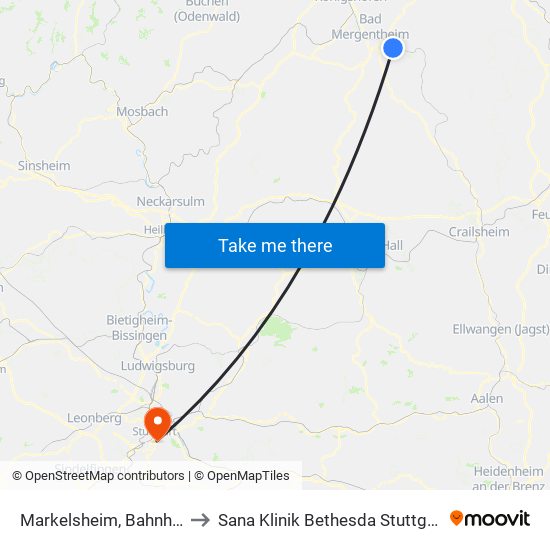 Markelsheim, Bahnhof to Sana Klinik Bethesda Stuttgart map