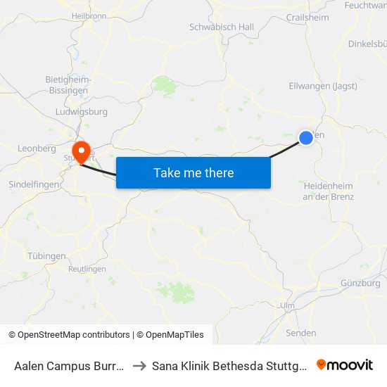 Aalen Campus Burren to Sana Klinik Bethesda Stuttgart map