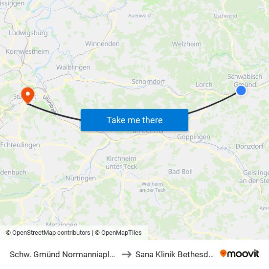 Schw. Gmünd Normanniaplatz/Sporthalle to Sana Klinik Bethesda Stuttgart map