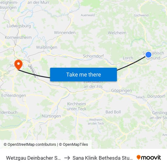 Wetzgau Deinbacher Straße to Sana Klinik Bethesda Stuttgart map