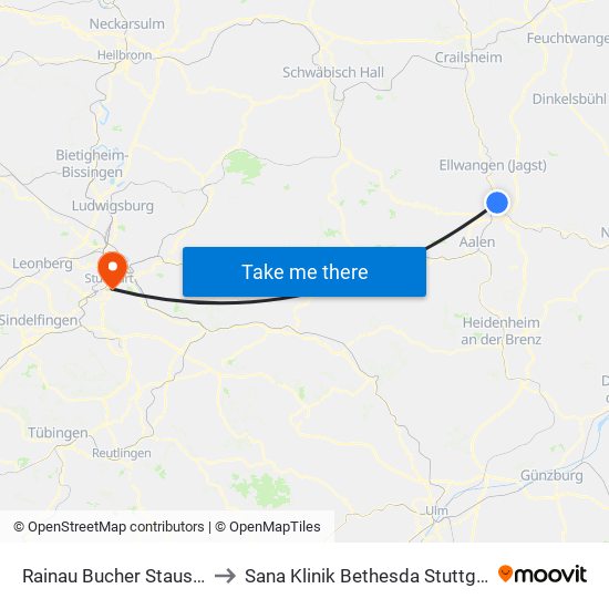 Rainau Bucher Stausee to Sana Klinik Bethesda Stuttgart map