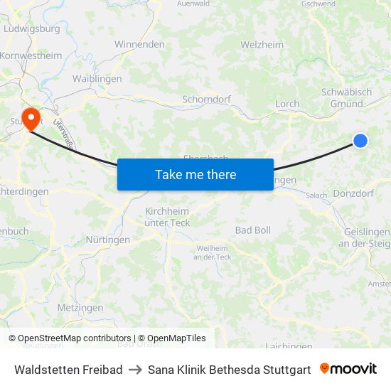 Waldstetten Freibad to Sana Klinik Bethesda Stuttgart map