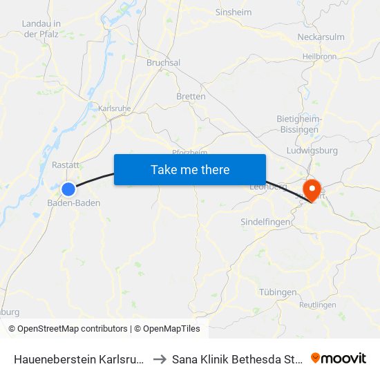 Haueneberstein Karlsruher Str. to Sana Klinik Bethesda Stuttgart map