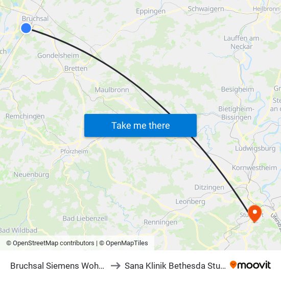 Bruchsal Siemens Wohnheim to Sana Klinik Bethesda Stuttgart map