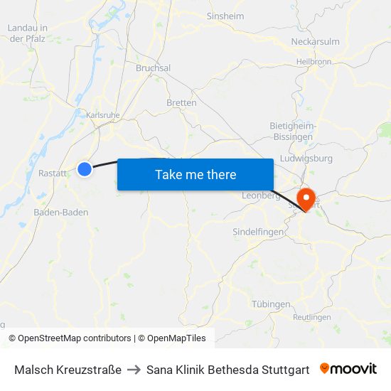 Malsch Kreuzstraße to Sana Klinik Bethesda Stuttgart map