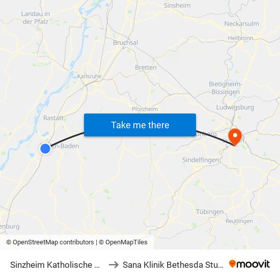 Sinzheim Katholische Kirche to Sana Klinik Bethesda Stuttgart map