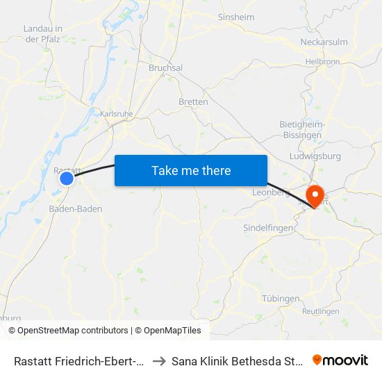 Rastatt Friedrich-Ebert-Straße to Sana Klinik Bethesda Stuttgart map