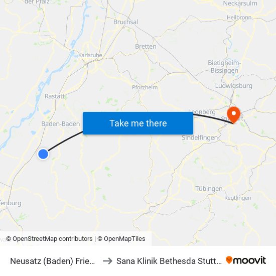 Neusatz (Baden) Friedhof to Sana Klinik Bethesda Stuttgart map