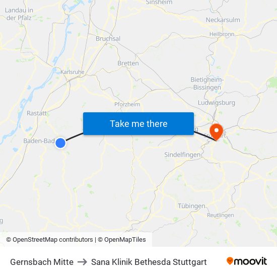 Gernsbach Mitte to Sana Klinik Bethesda Stuttgart map