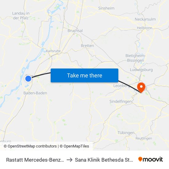 Rastatt Mercedes-Benz Tor 6 to Sana Klinik Bethesda Stuttgart map