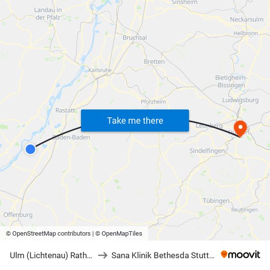 Ulm (Lichtenau) Rathaus to Sana Klinik Bethesda Stuttgart map