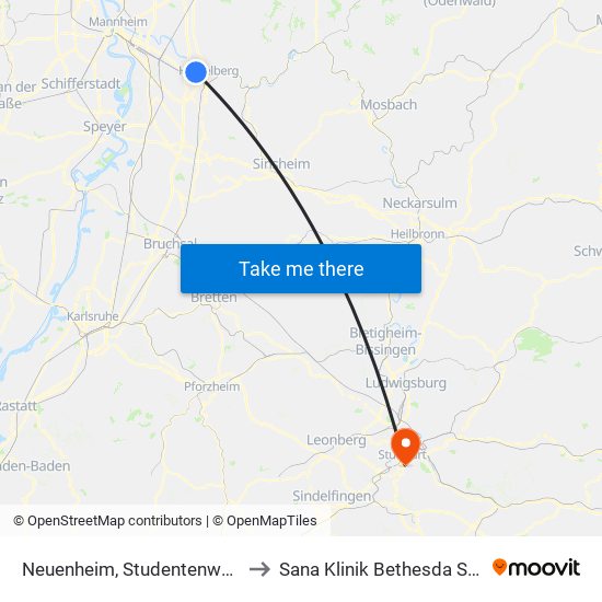Neuenheim, Studentenwohnheim to Sana Klinik Bethesda Stuttgart map